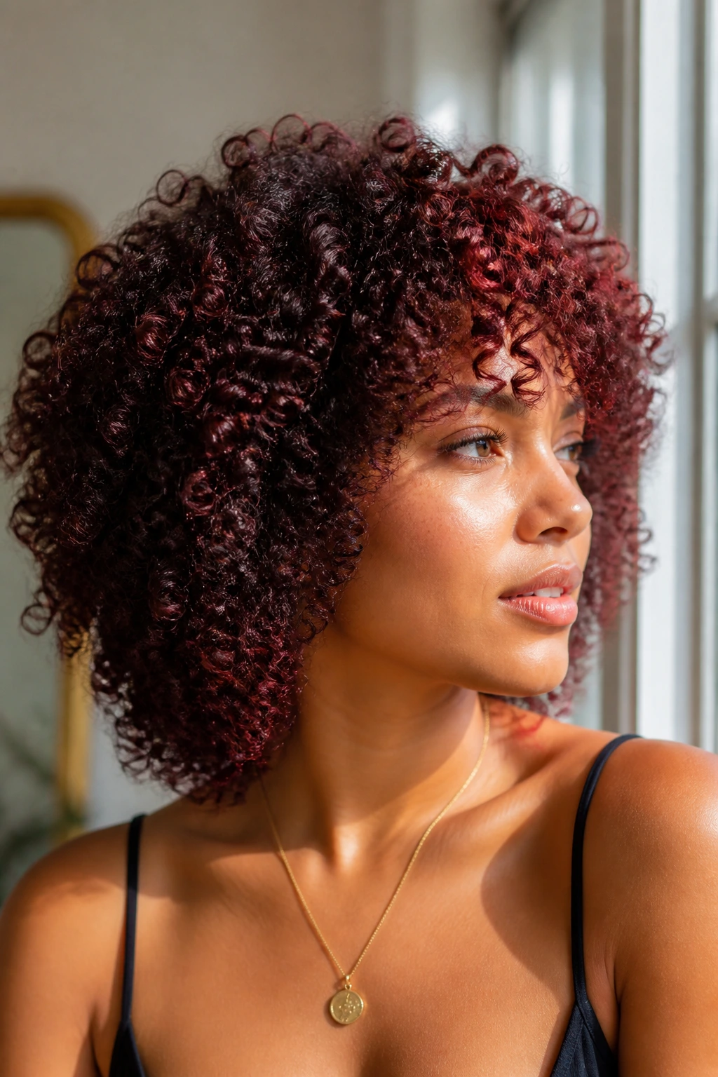 Close-up of a real woman with cherry cola red wash-and-go curls