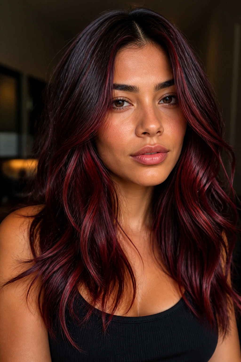 Brunette with deep cherry and cola-red panels on olive skin.