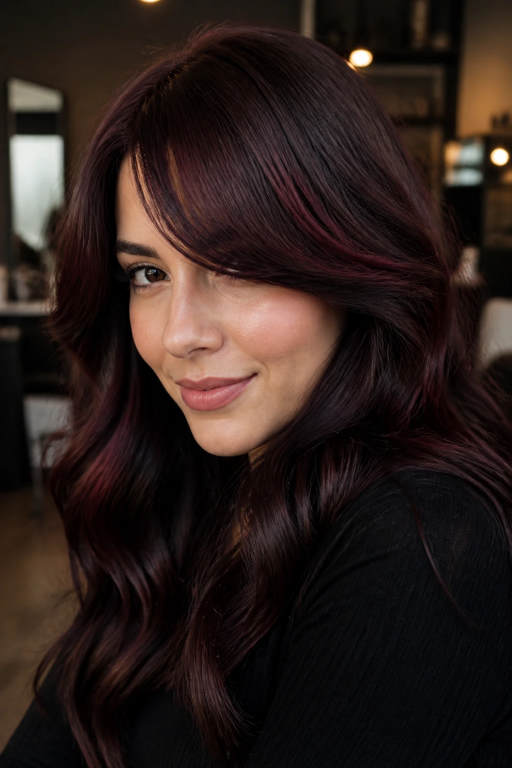 Close-up of a real woman with red-violet undertones and ruby edge on brunette hair