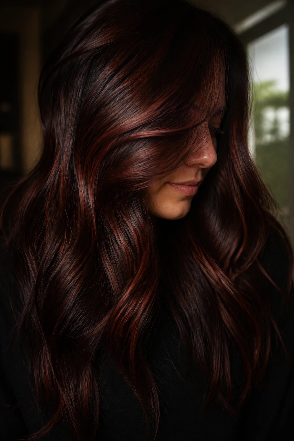 Close-up of thick hair with dimensional Cherry Cola tones in moody light