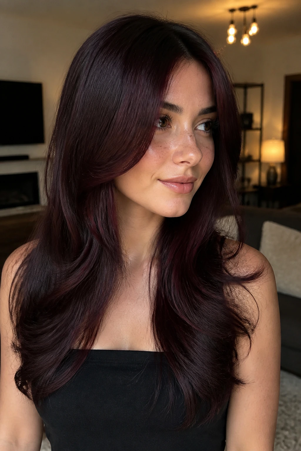 Close-up of a woman with Cherry Cola Gloss on layered brunette hair.