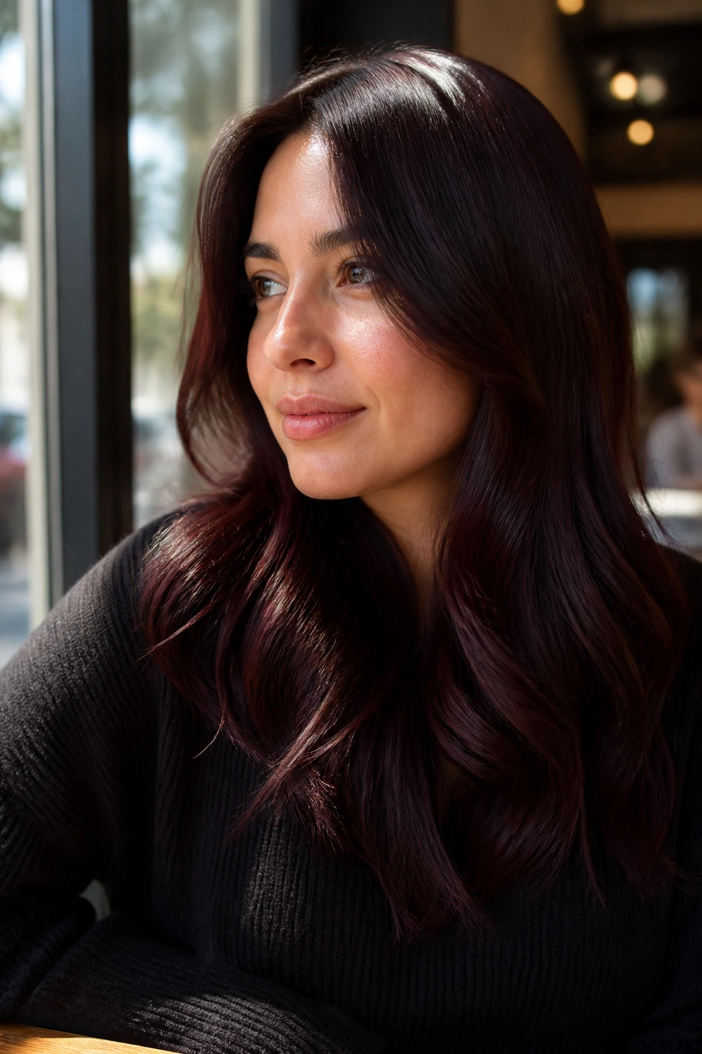Real woman with glossy cherry cola hair under sunlit cafe light