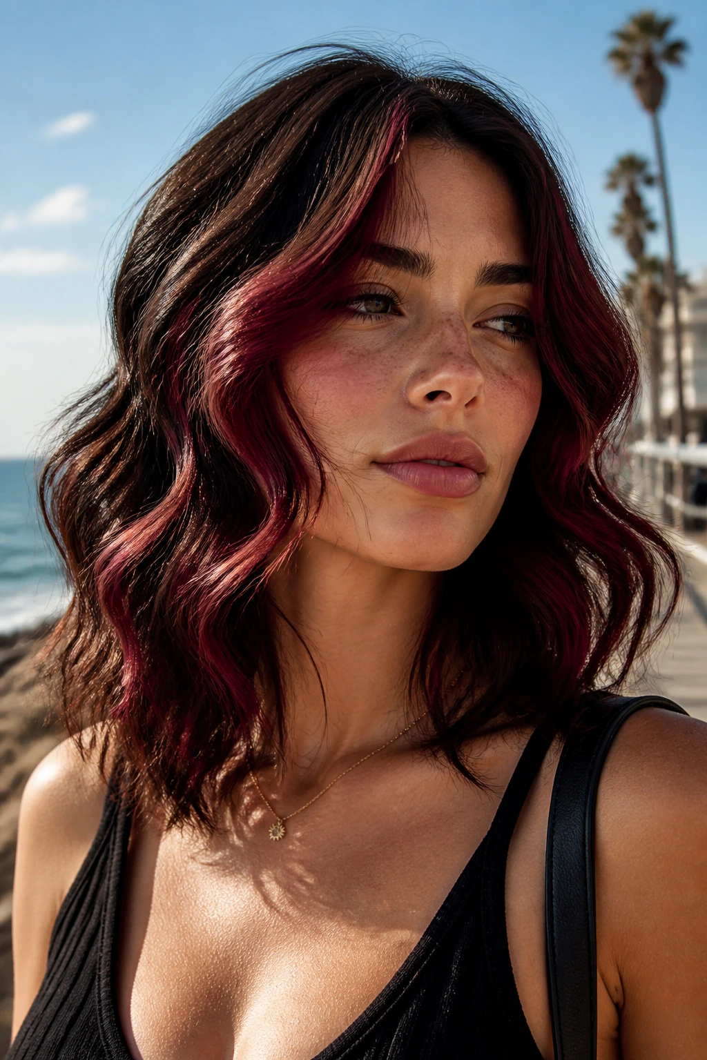 Real person with cherry cola blocks on mid-length wavy hair.