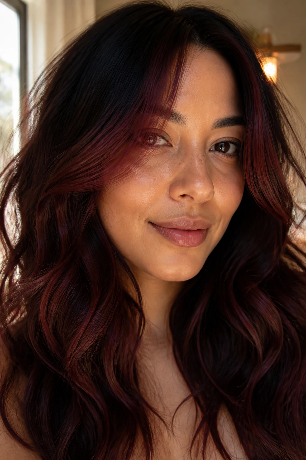 Close-up of a real woman with cherry cola face-framing highlights around the face.