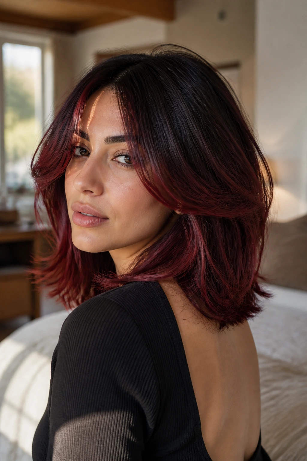 Close-up of real person with Cherry-Cola layered lob under warm natural light