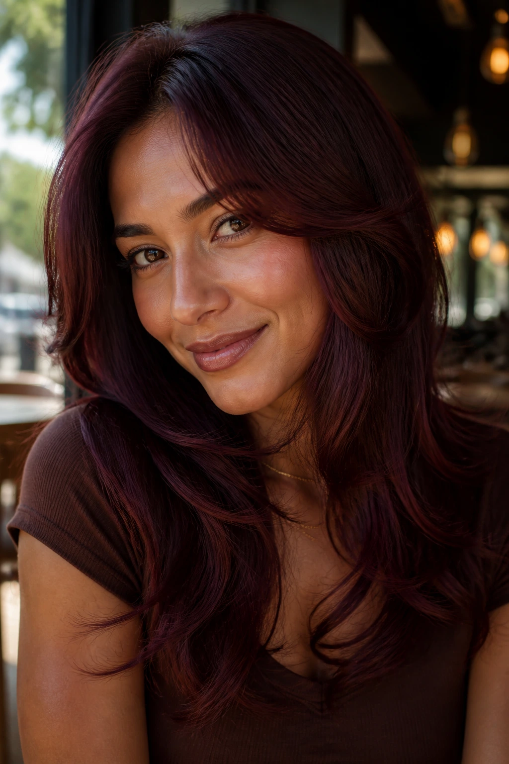 Close-up portrait of a real person with cherry cola layered hair