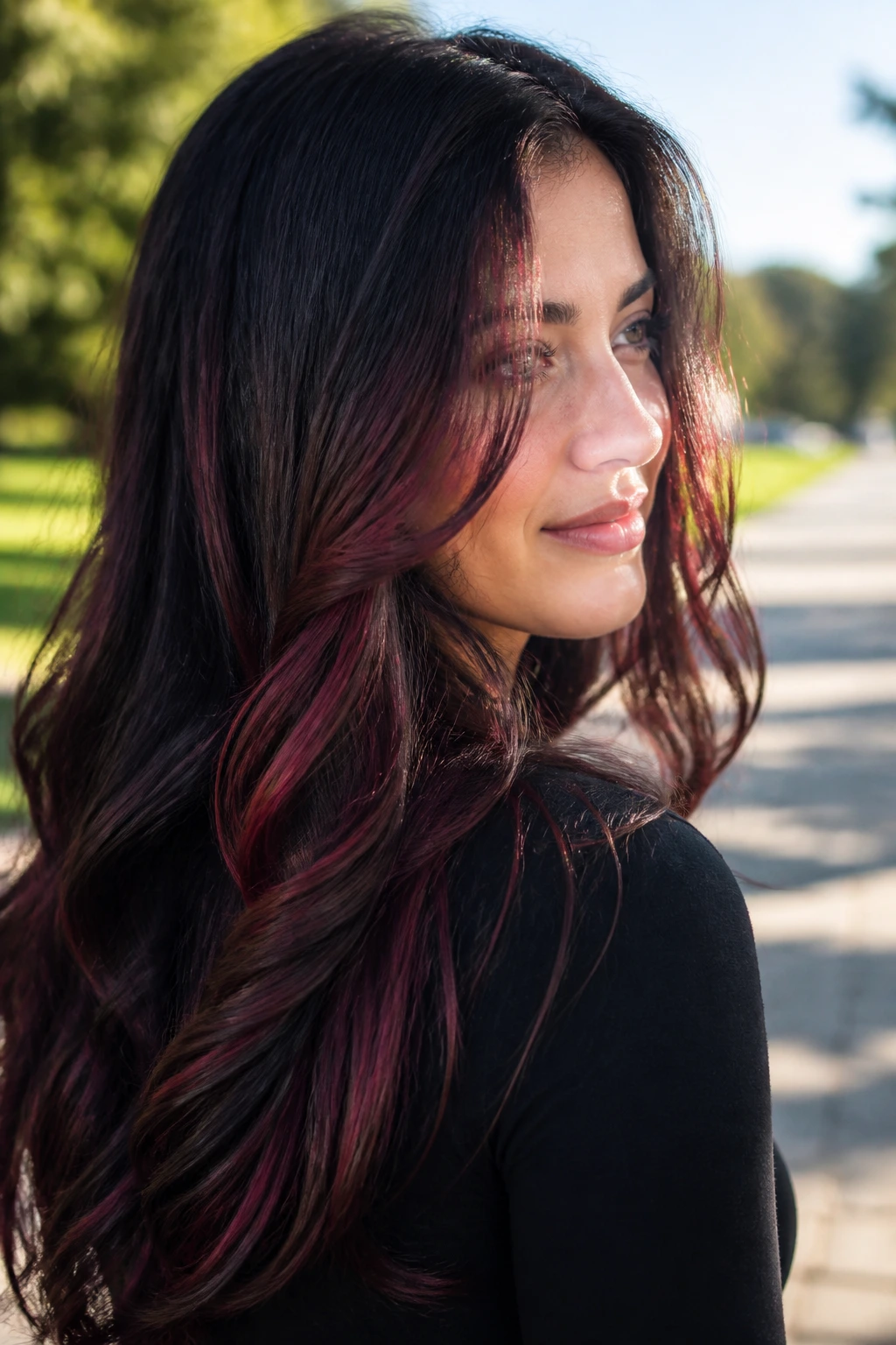 Long brunette hair with cherry cola ribbons caught in side light.