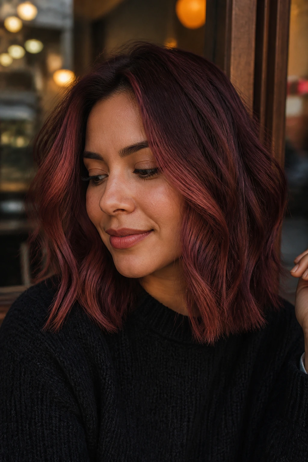 Close-up portrait of Cherry Cola Strawberry Lob on a real person.