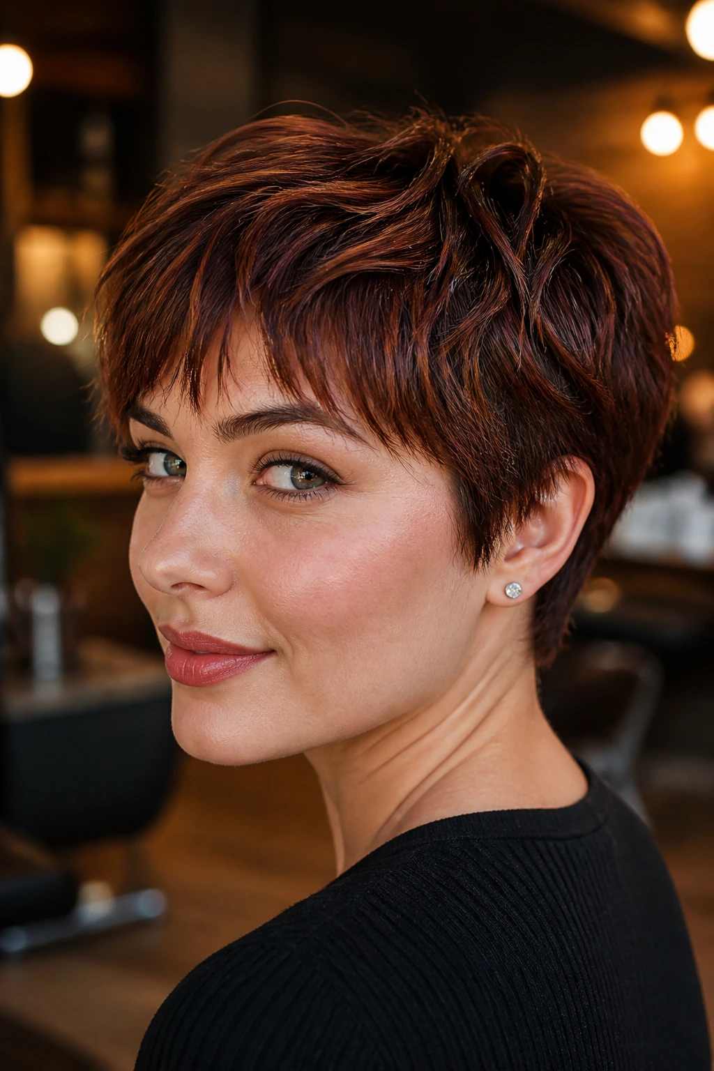 Close-up of a real person with cherry cola red-brown textured crop and glossy ends