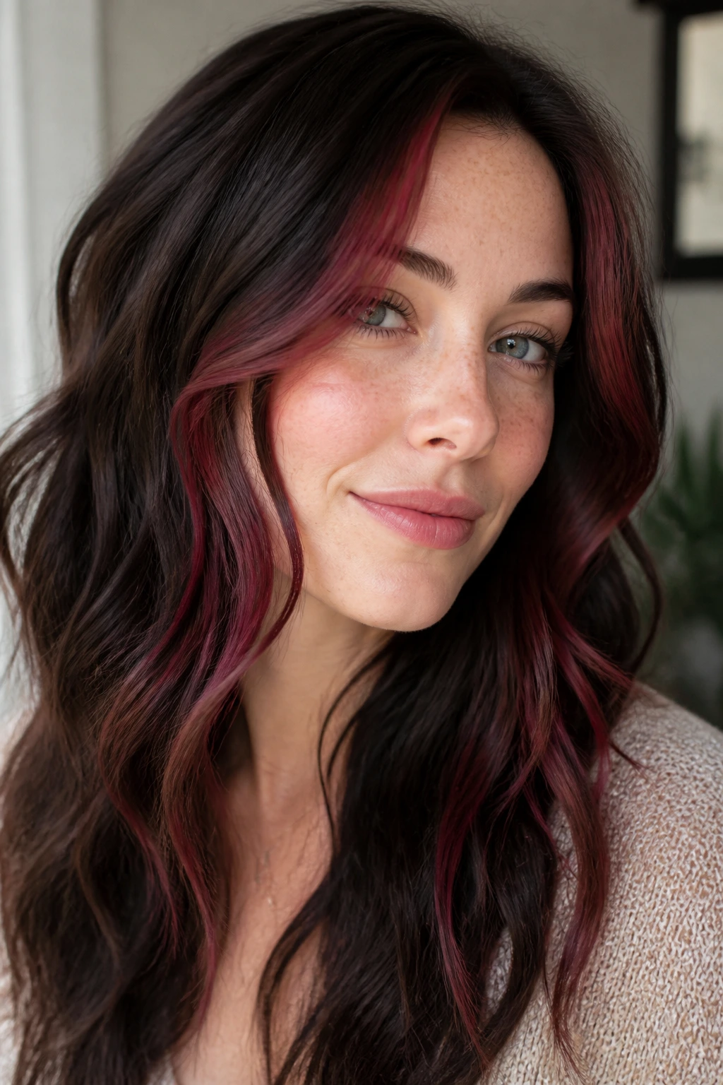 Close-up of a woman's face with cool cherry-merlot framing pieces in wavy hair