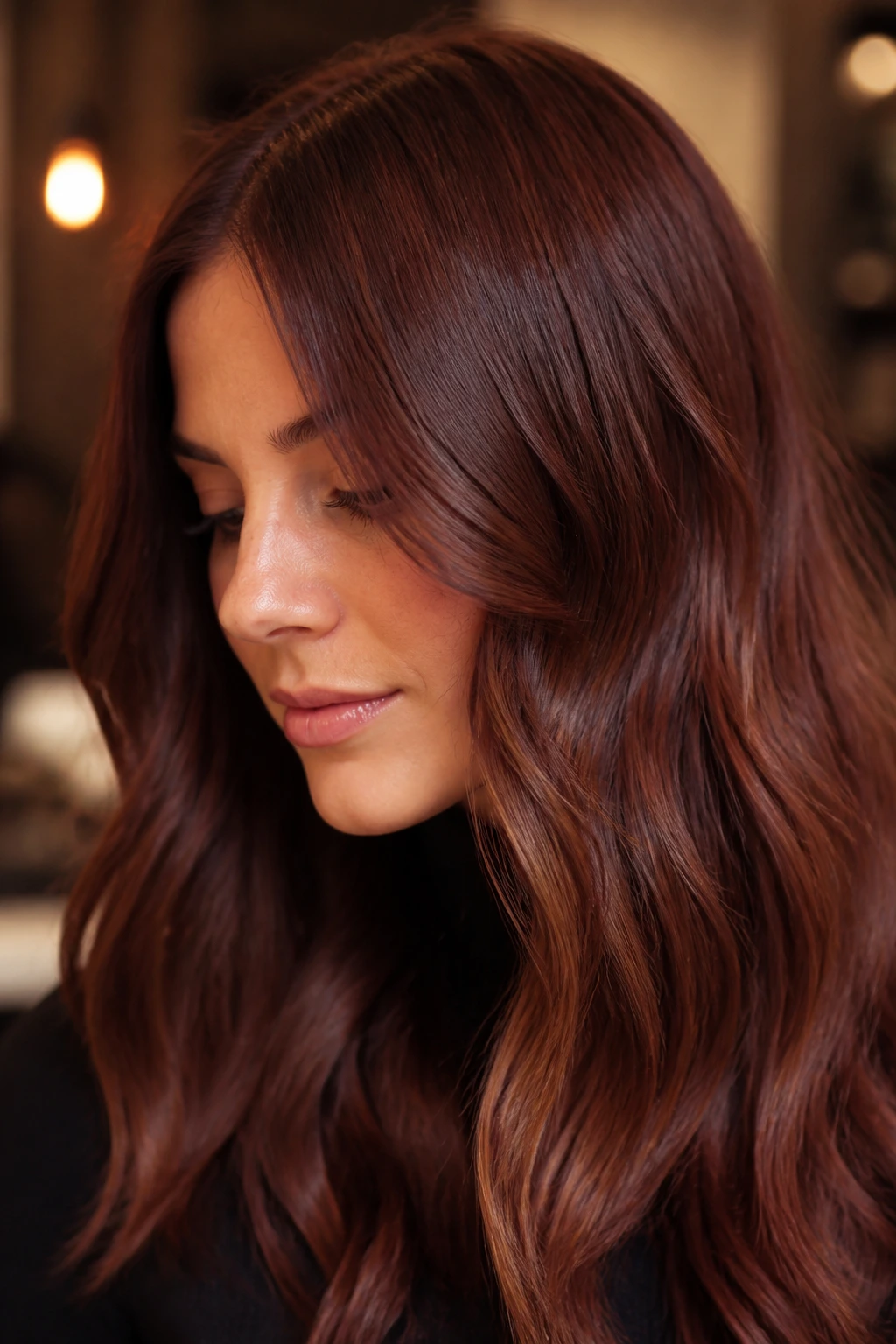 Brunette hair with cherry tea gloss shine in warm light