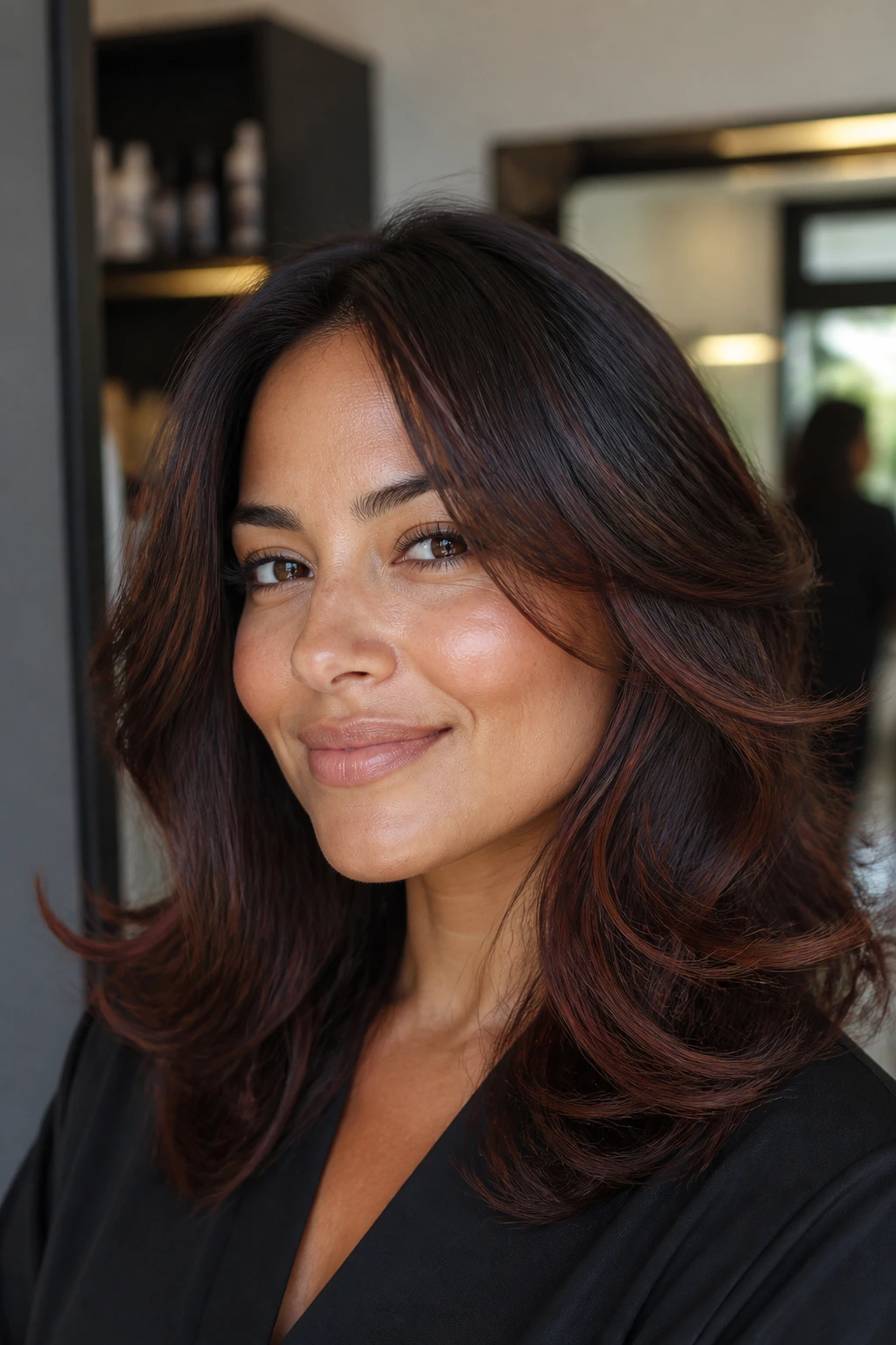 Close-up portrait of a real woman with cherrywood brown glint on tan skin