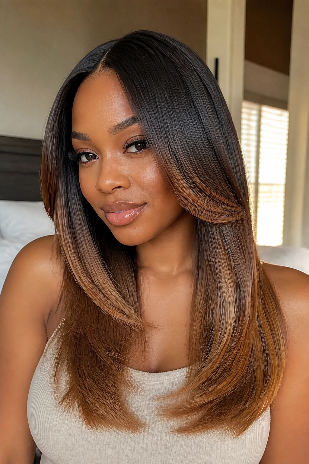 Close-up of chest-length layered straight sew-in with caramel melt.