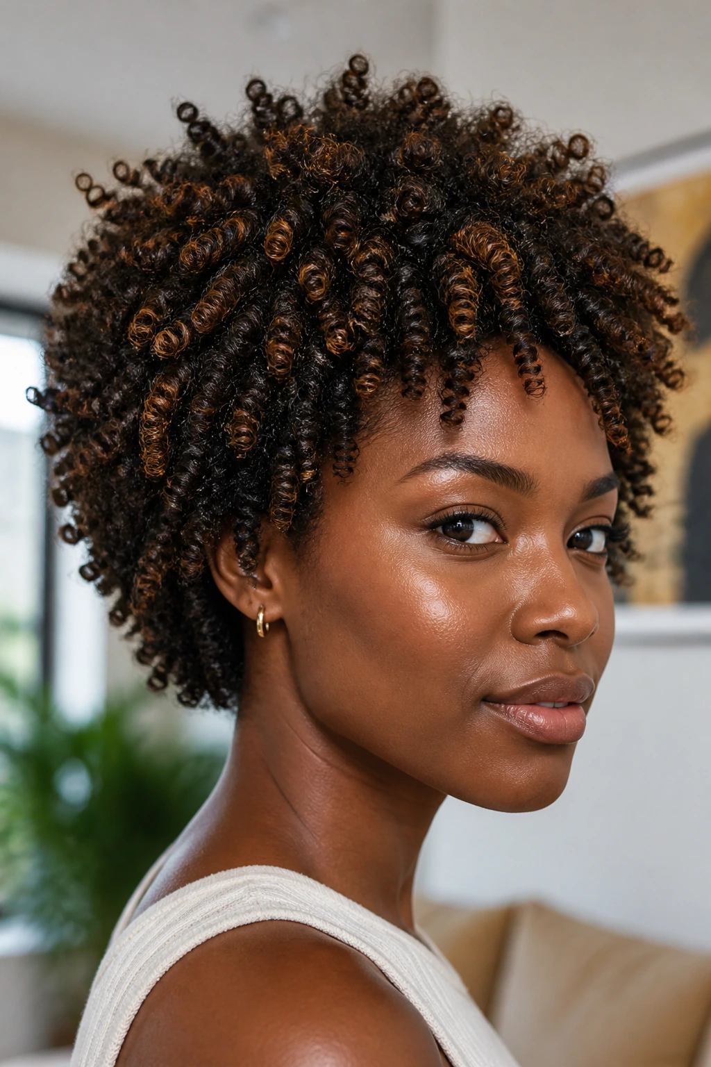 Close-up of person with chestnut accents on tight coils