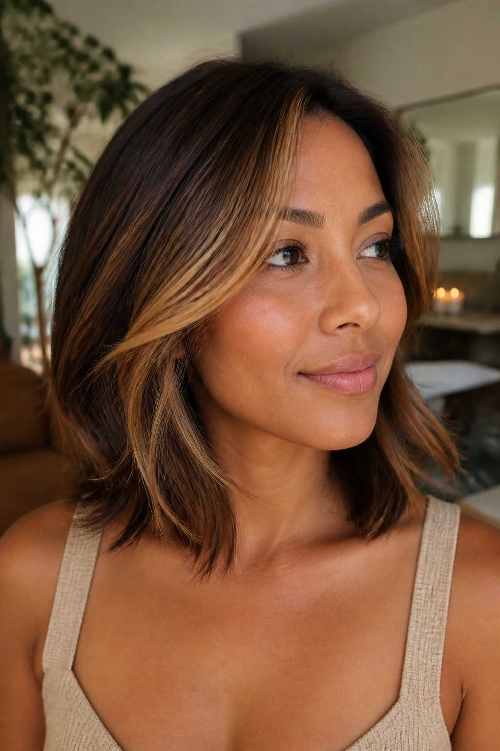 Real woman showing chestnut base with amber dimension in face framing hair.