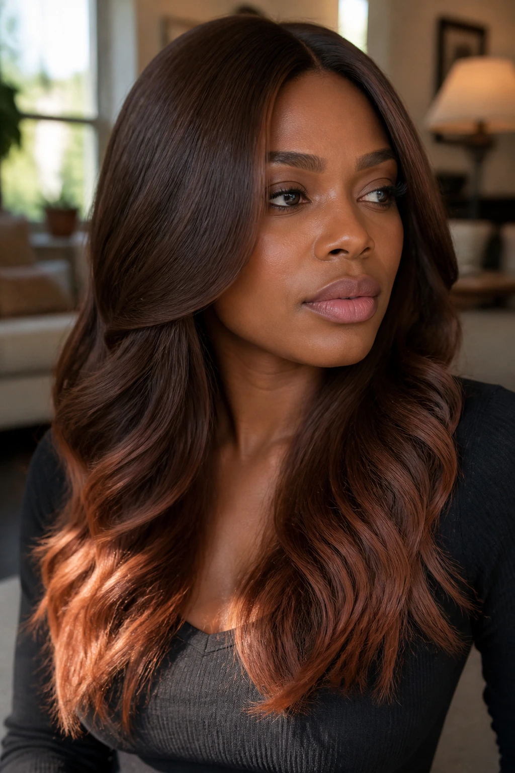 Close-up of chestnut hair with auburn ends catching light in a cozy sunlit room