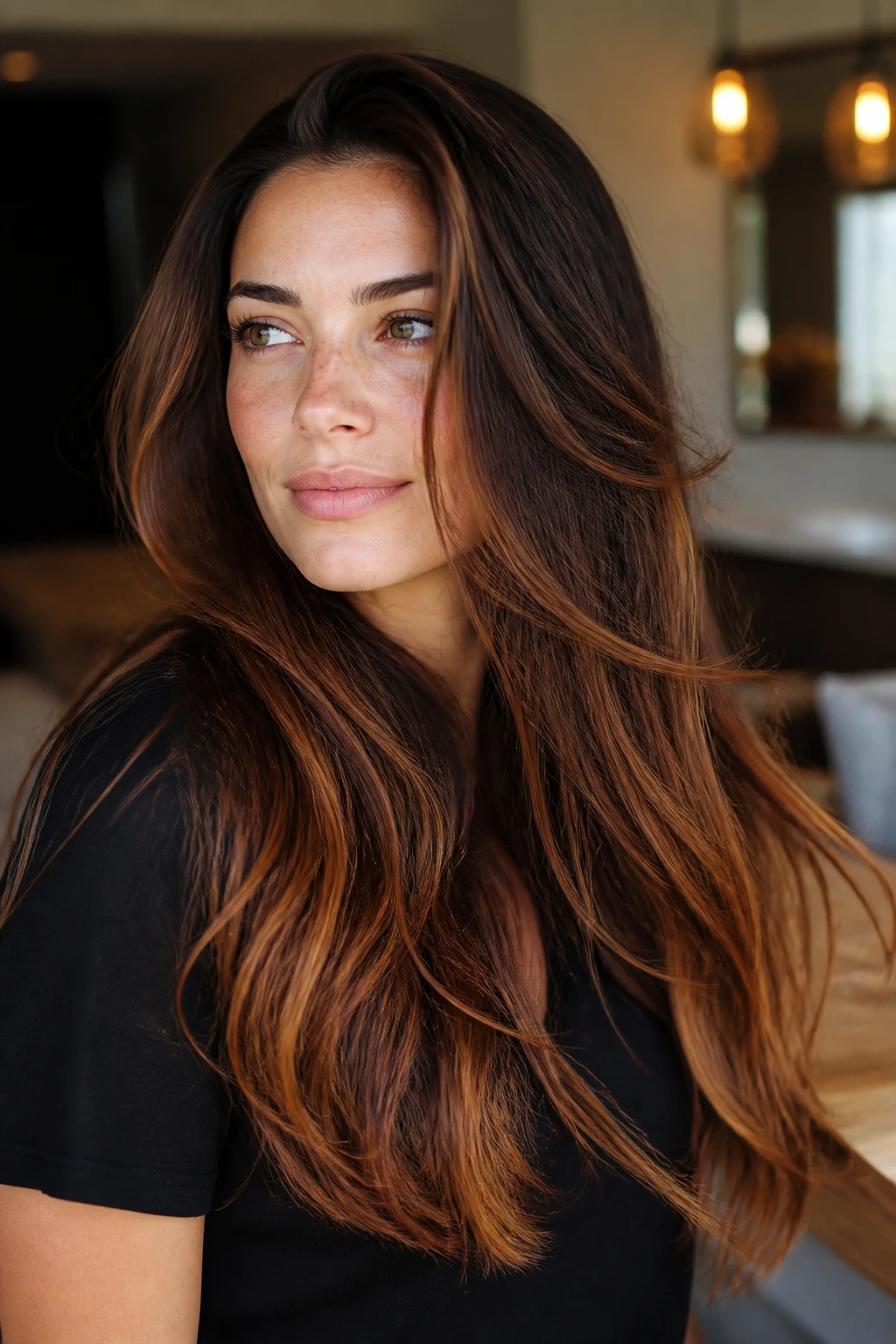 Close-up of chestnut-to-auburn melt gradient in thick hair