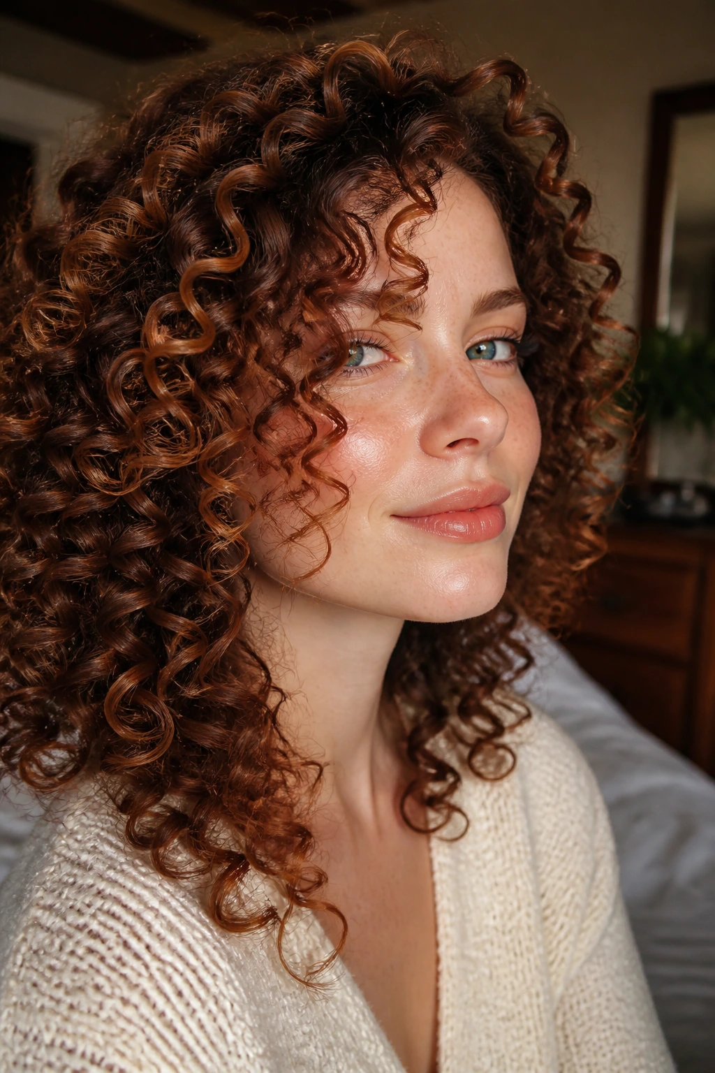 Close-up of a real person with chestnut auburn spiral highlights on springy curls