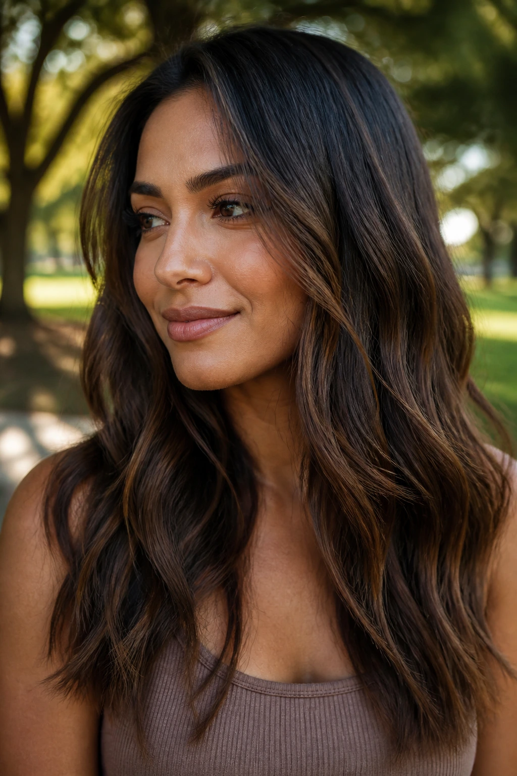 Close-up of a real woman with chestnut babylights adding subtle dimension on brunette hair in outdoor light