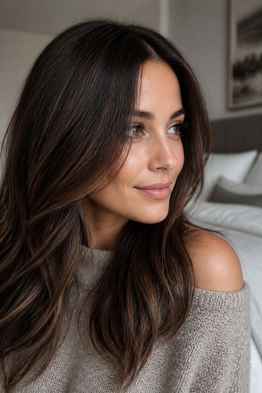 Brunette with fine chestnut babylights close-up