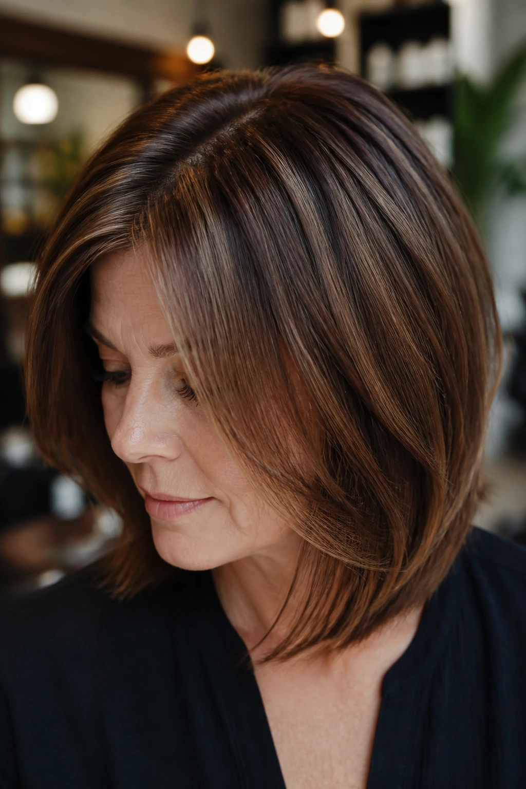 Close-up of a real woman with chestnut babylights on shoulder-length layered bob