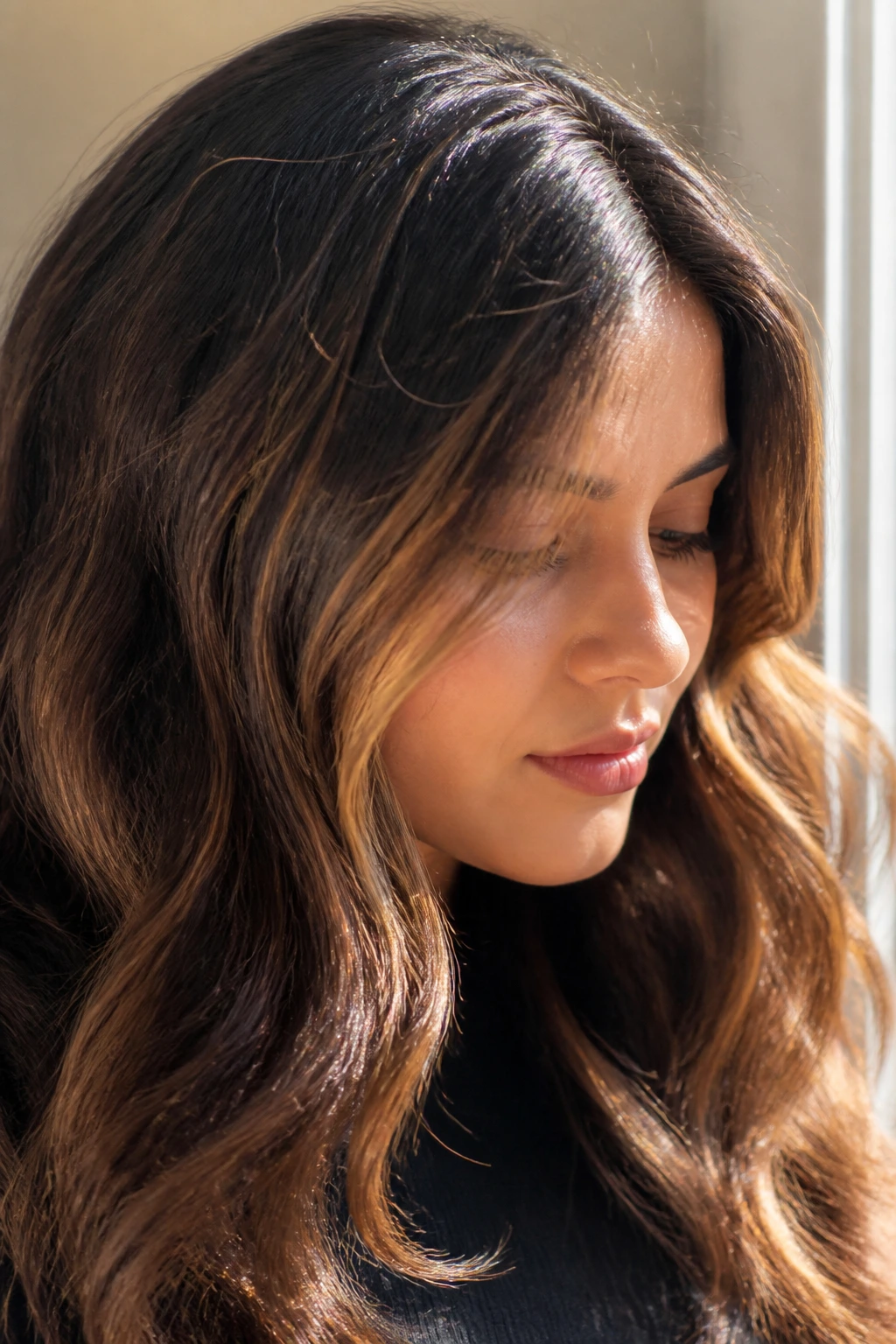 Brunette with chestnut babylights around the crown in sunlight.