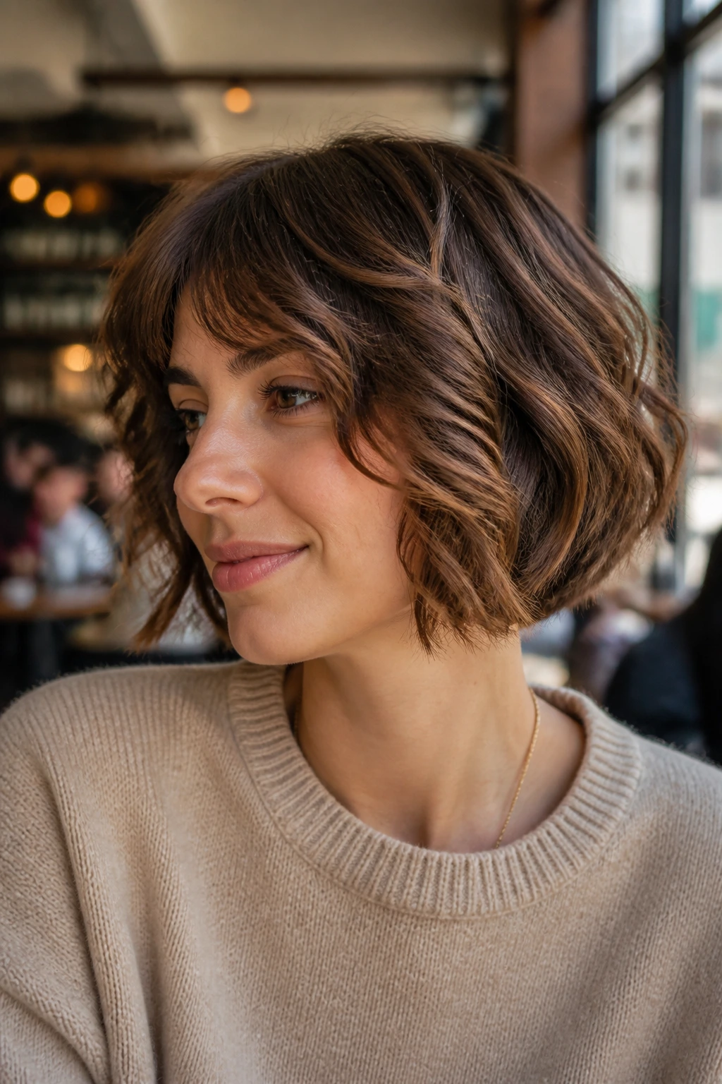 Close-up of chestnut balayage on a French bob on a brunette