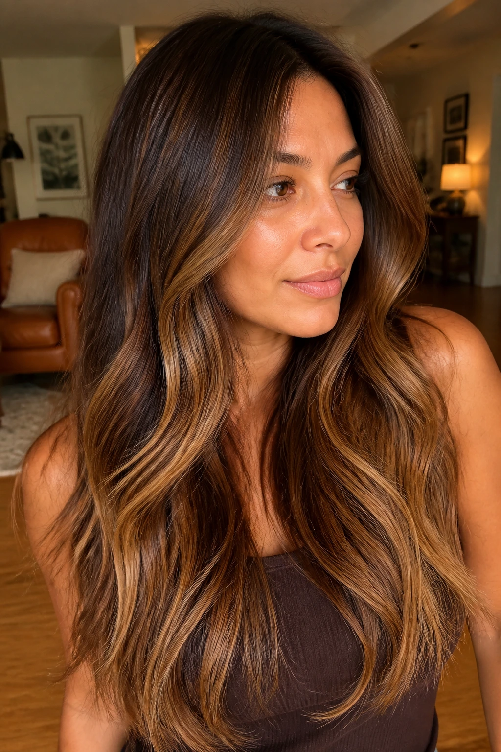 Close-up of chestnut balayage on long layered hair