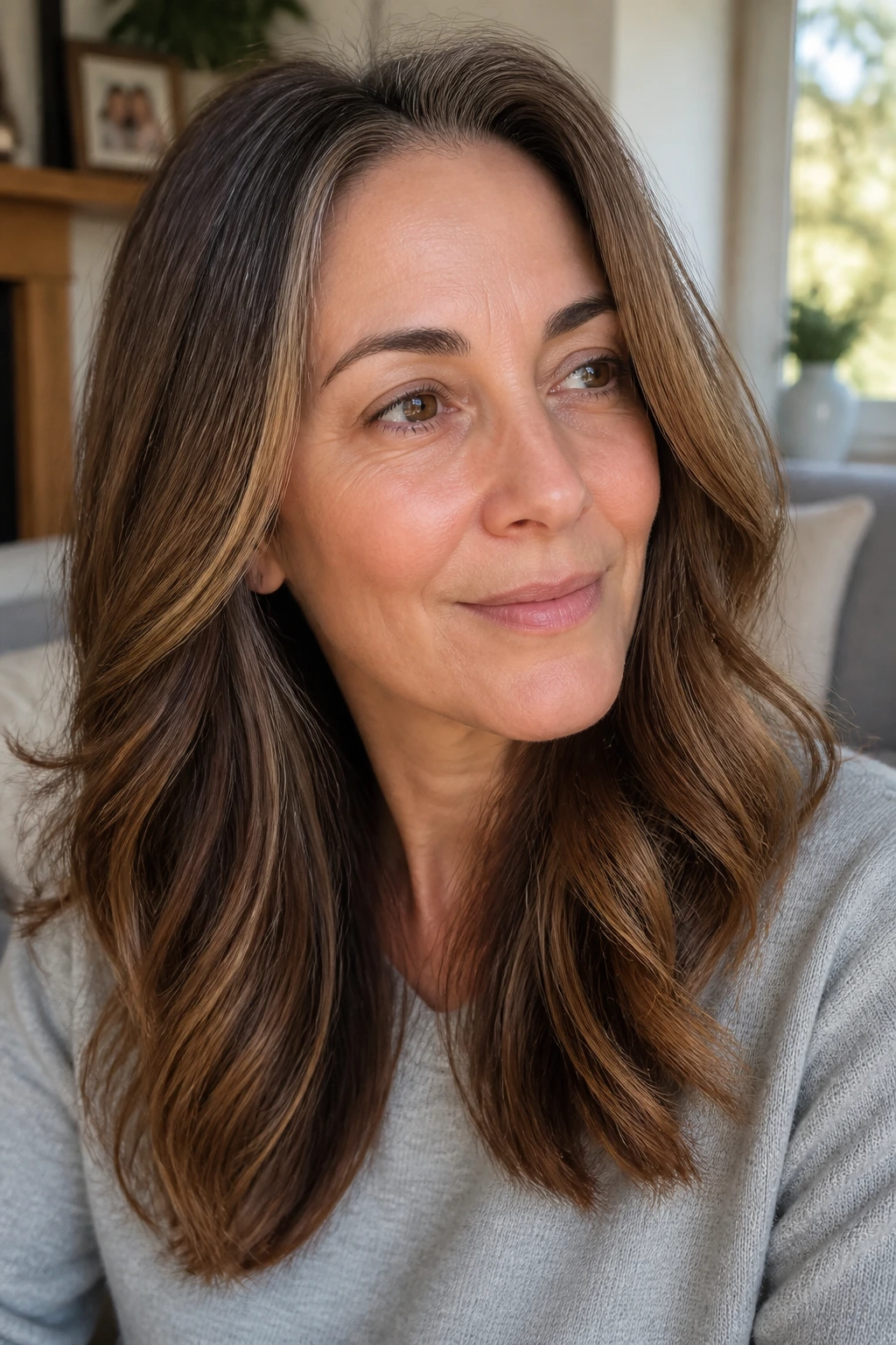 Portrait of chestnut balayage blending mids into brown with deeper roots