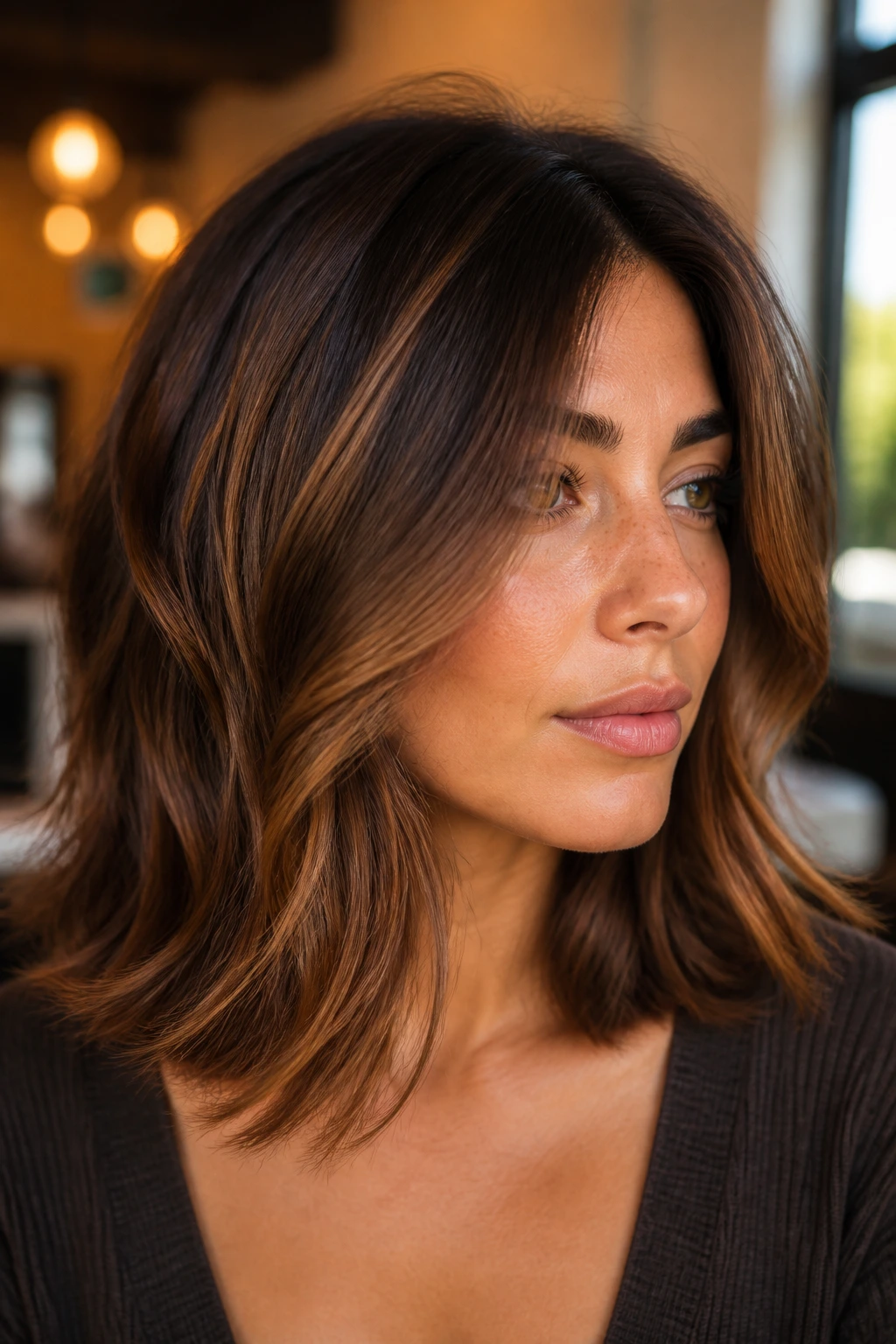 Real person with chestnut balayage on shoulder-length layered hair