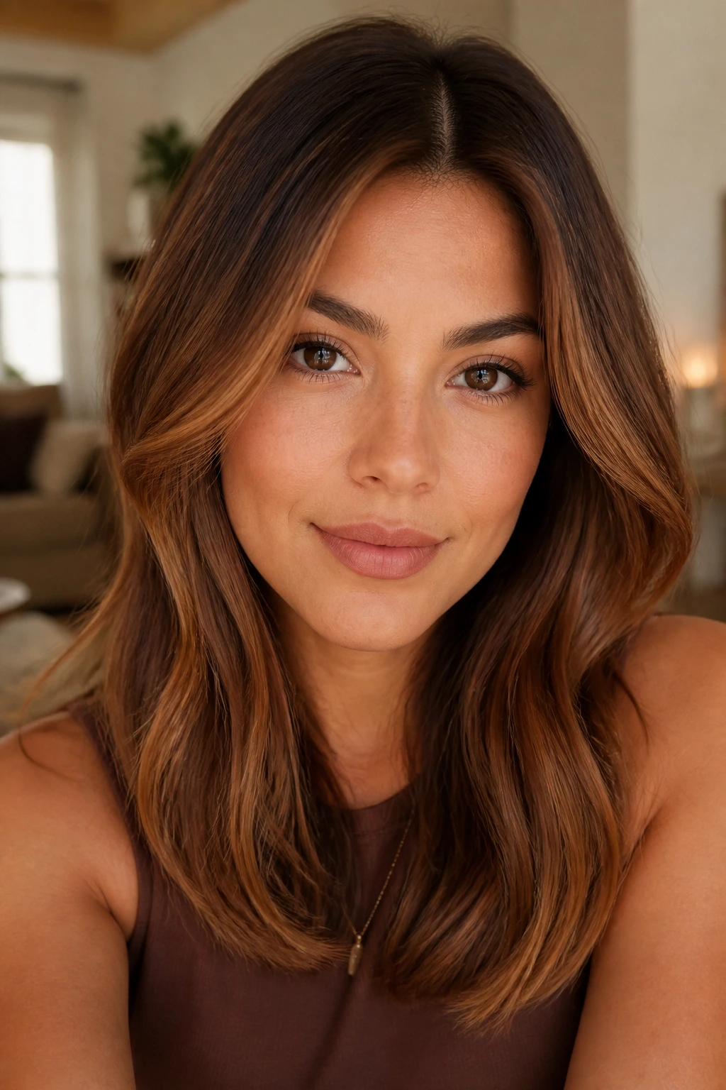 Close-up chestnut balayage with soft root shadow on a real person in warm light