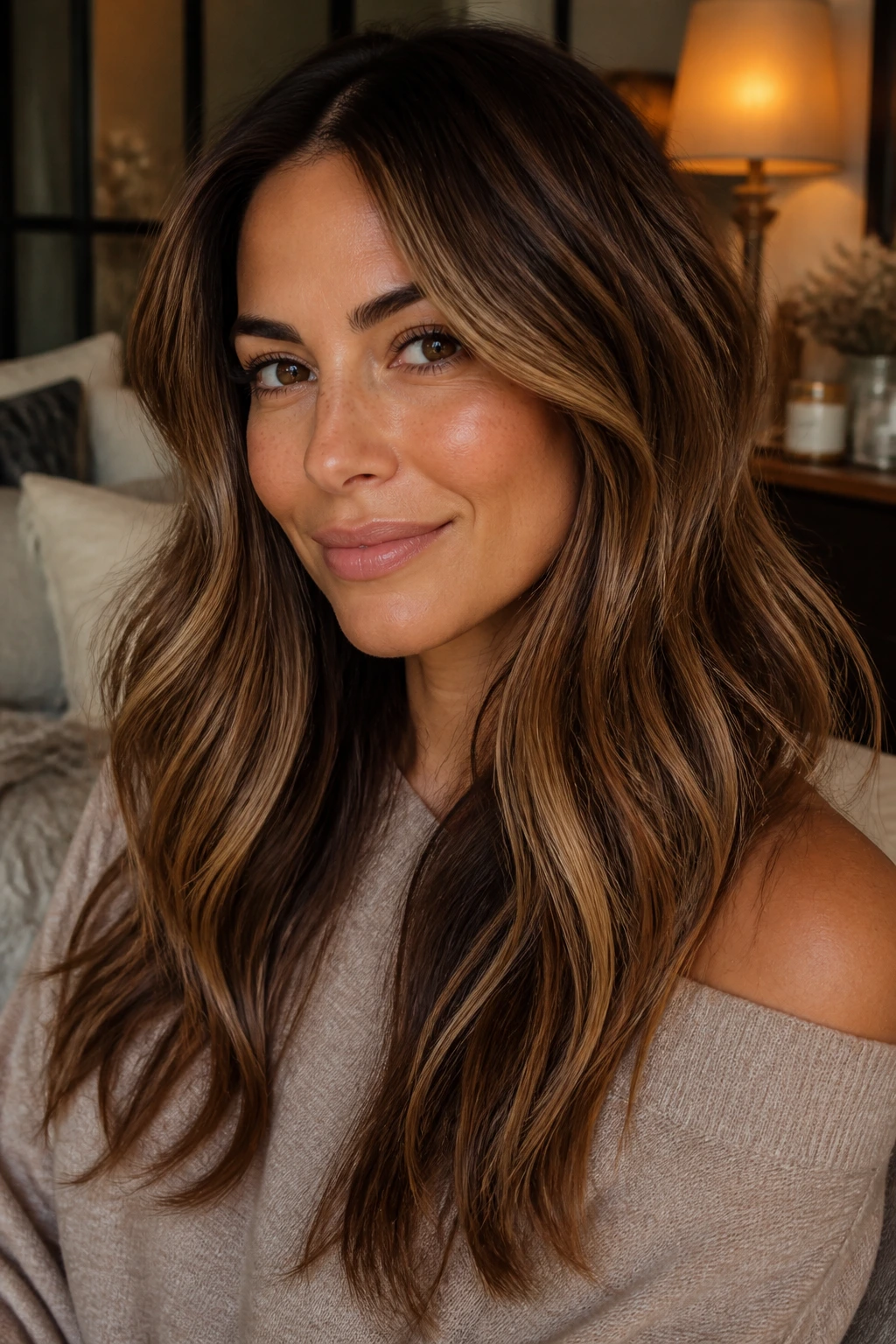 Close-up portrait of a real woman with chestnut base hair and beige ribbons.