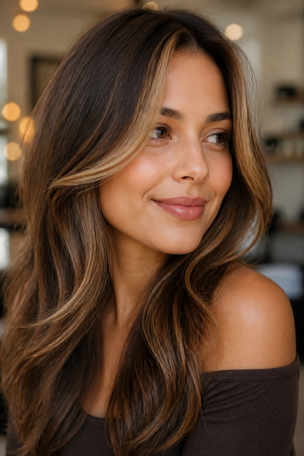 Close-up of a real woman with chestnut base hair and honey front pieces framing the face