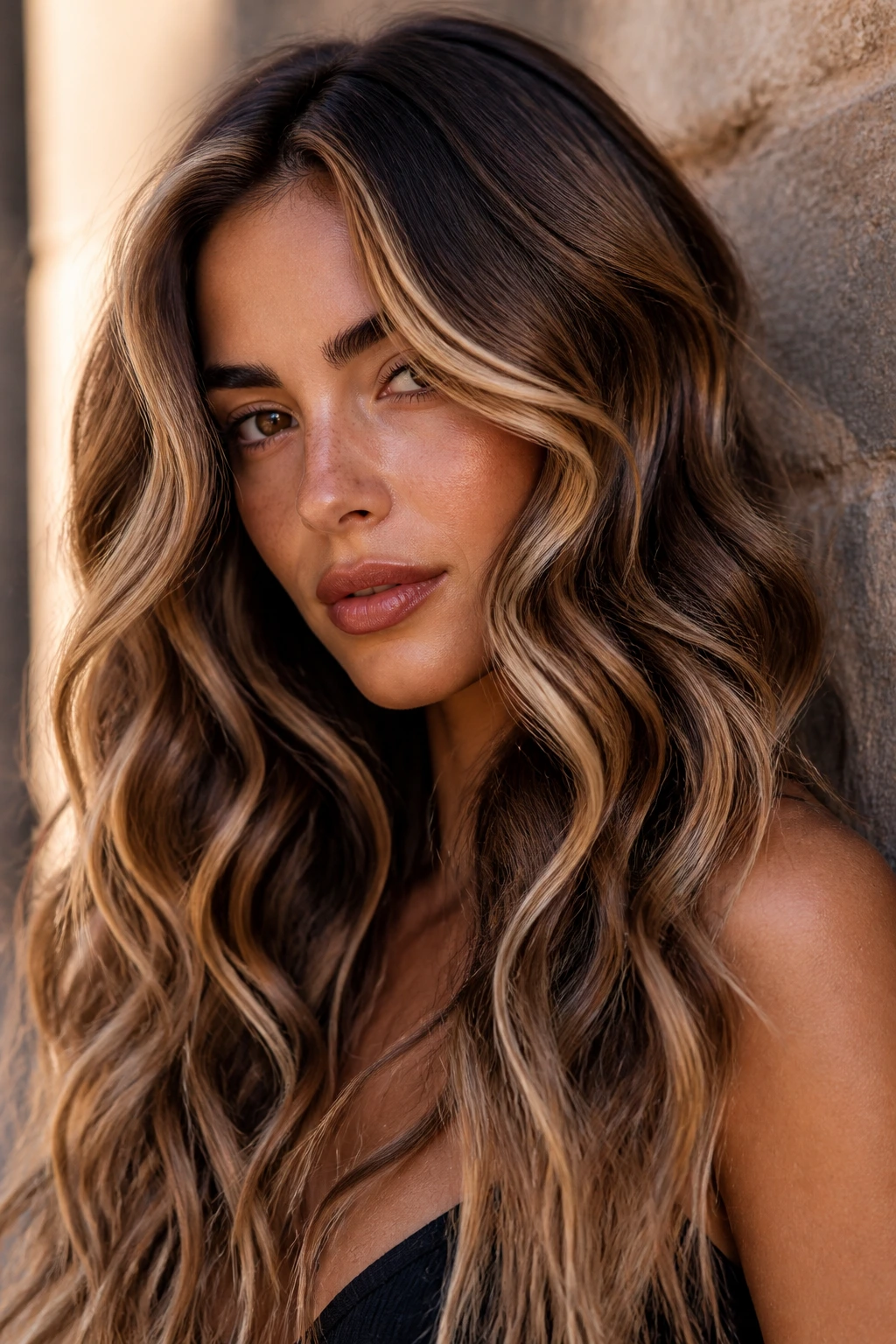 Close-up of a real person with chestnut base and blonde contrast in waves