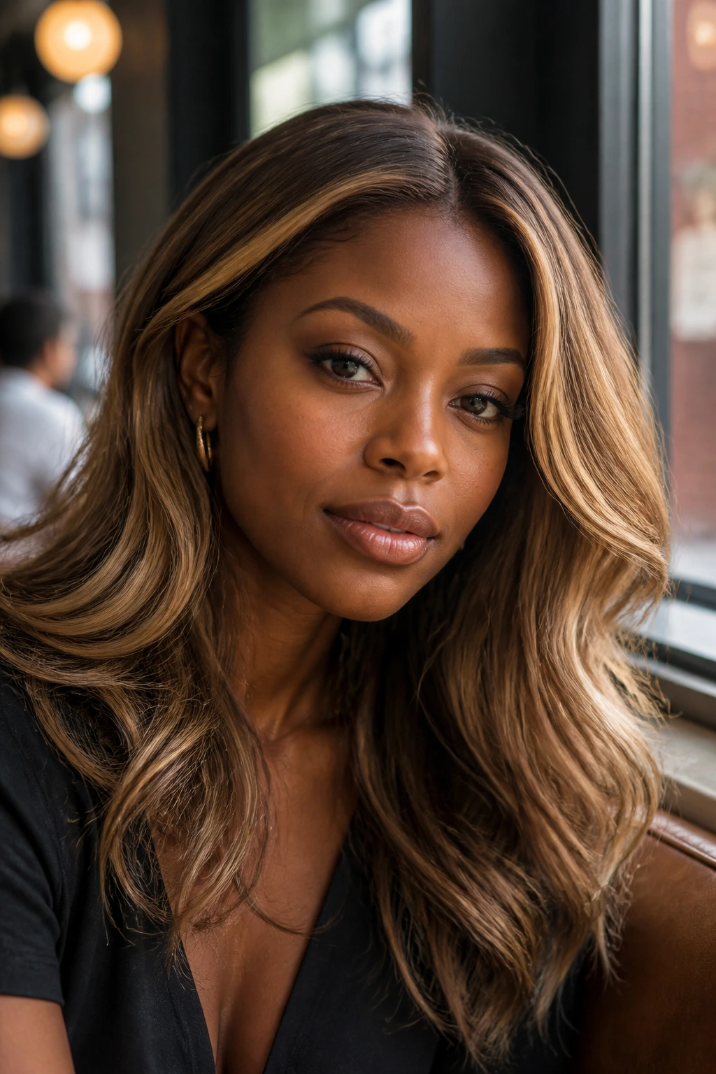 Close-up portrait of a real woman with chestnut blonde hair and deep skin tone in sunlit cafe light.