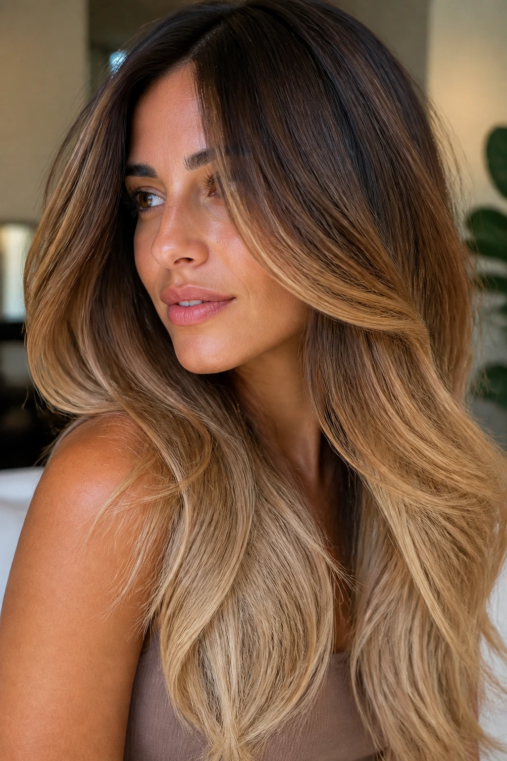 Close-up portrait of chestnut to blonde melt on olive skin with long layers