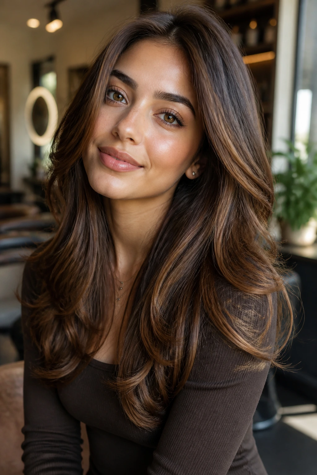 Real woman with chestnut ribbon blowout, warm dimensional hair in a salon setting