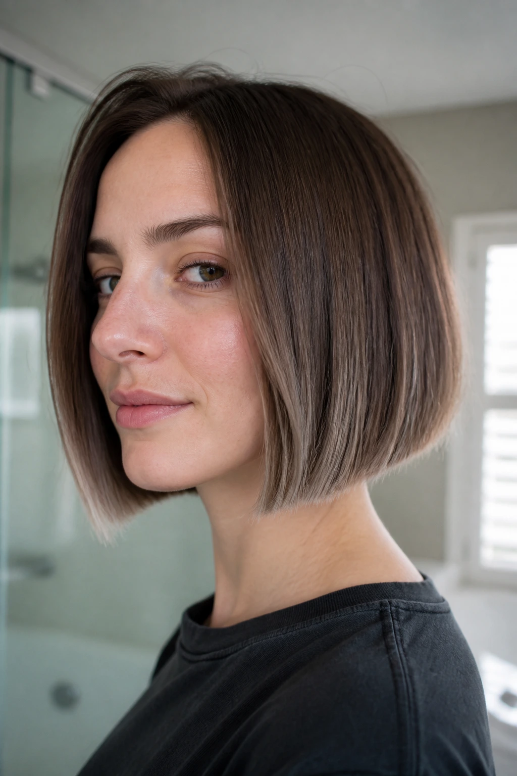 Close-up portrait of a real woman with chestnut bob and cool-toned ends