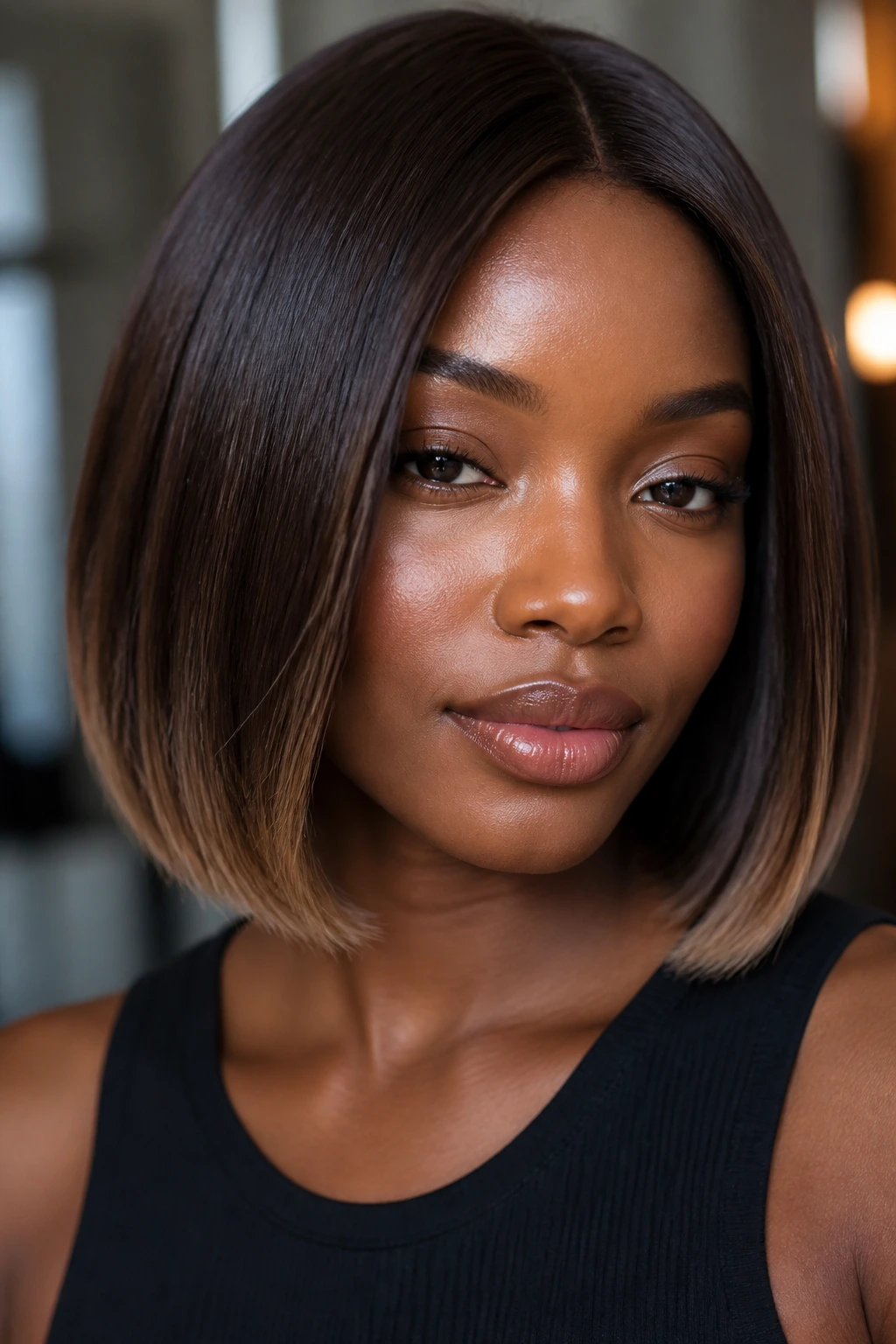 Chestnut bob with subtle light ends on a real person