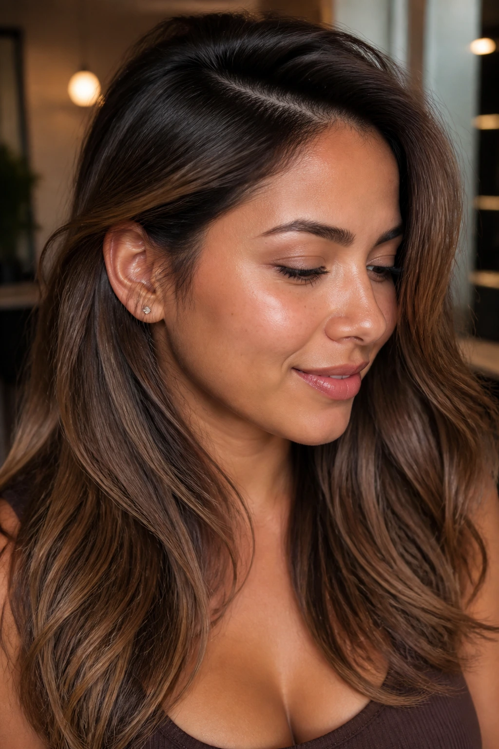 Close-up portrait of a real woman with chestnut bronde and a deep crown