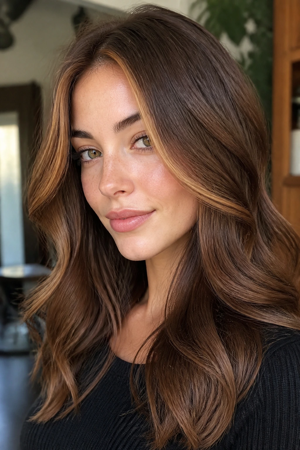 Portrait showing chestnut brown with face-framing caramel.