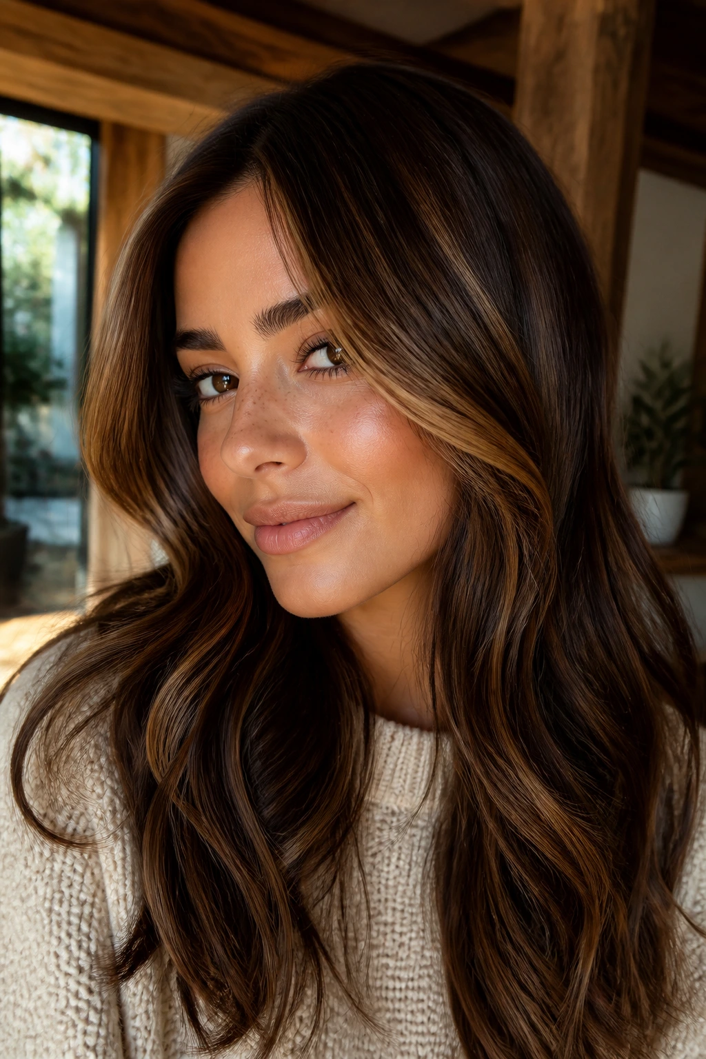 Close-up of chestnut brown hair with cinnamon ribbons framing the face on a real person