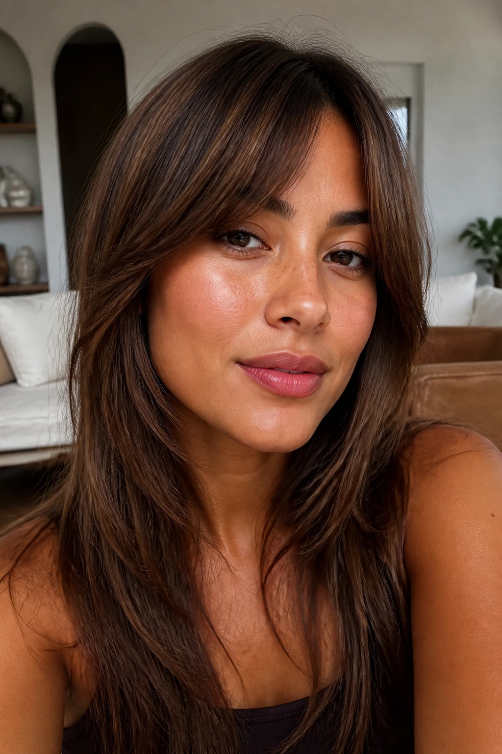 Person with chestnut brown hair and curtain bangs close-up