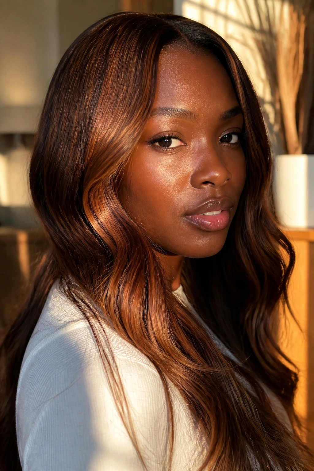 Portrait showing chestnut brown hair on deep skin with warm tones