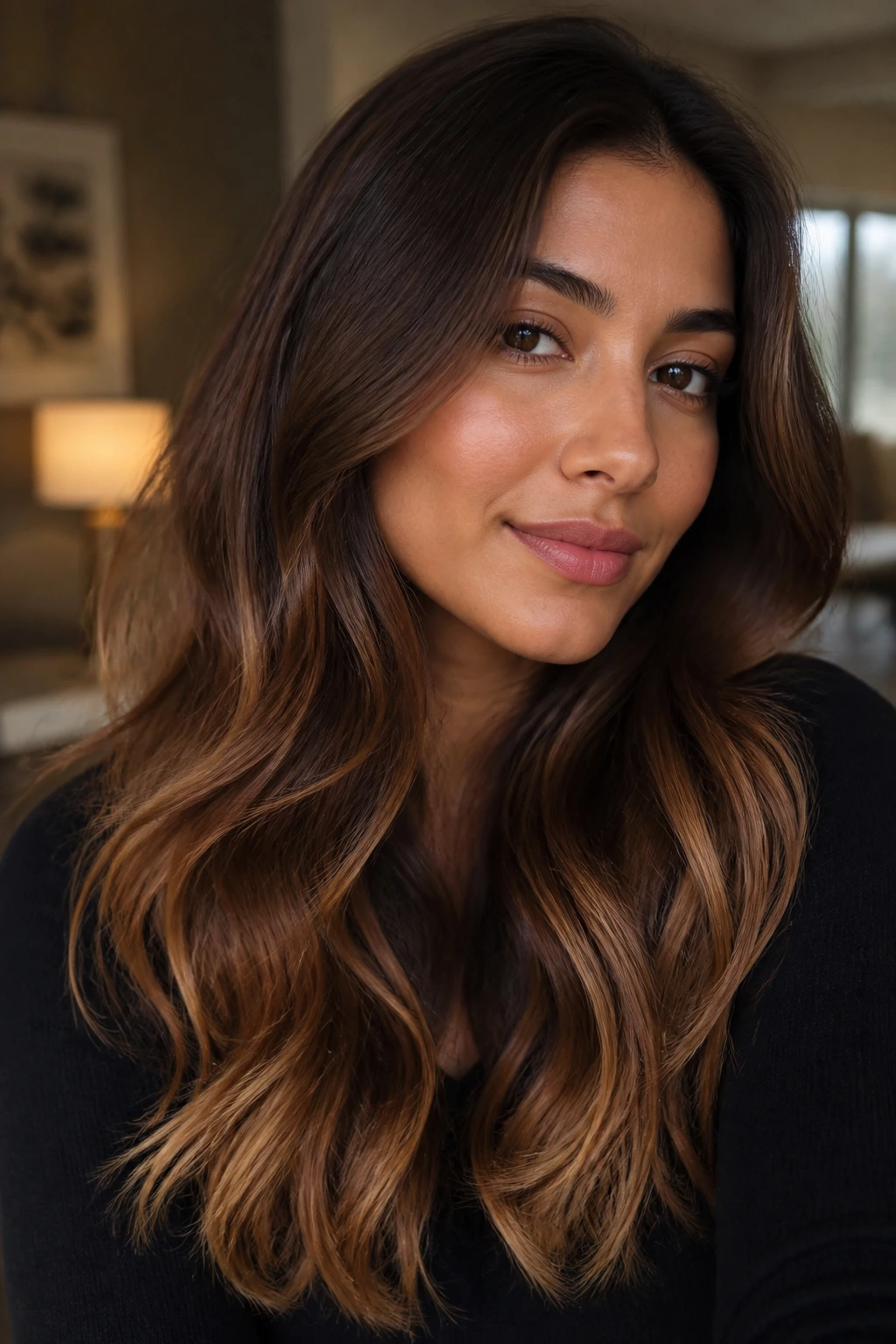 Olive-skinned person with chestnut brown hair and honey ends