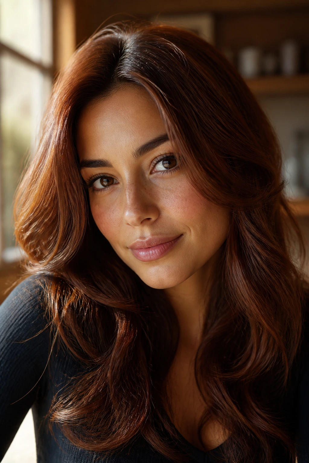 Close-up portrait with chestnut brown hair and olive skin