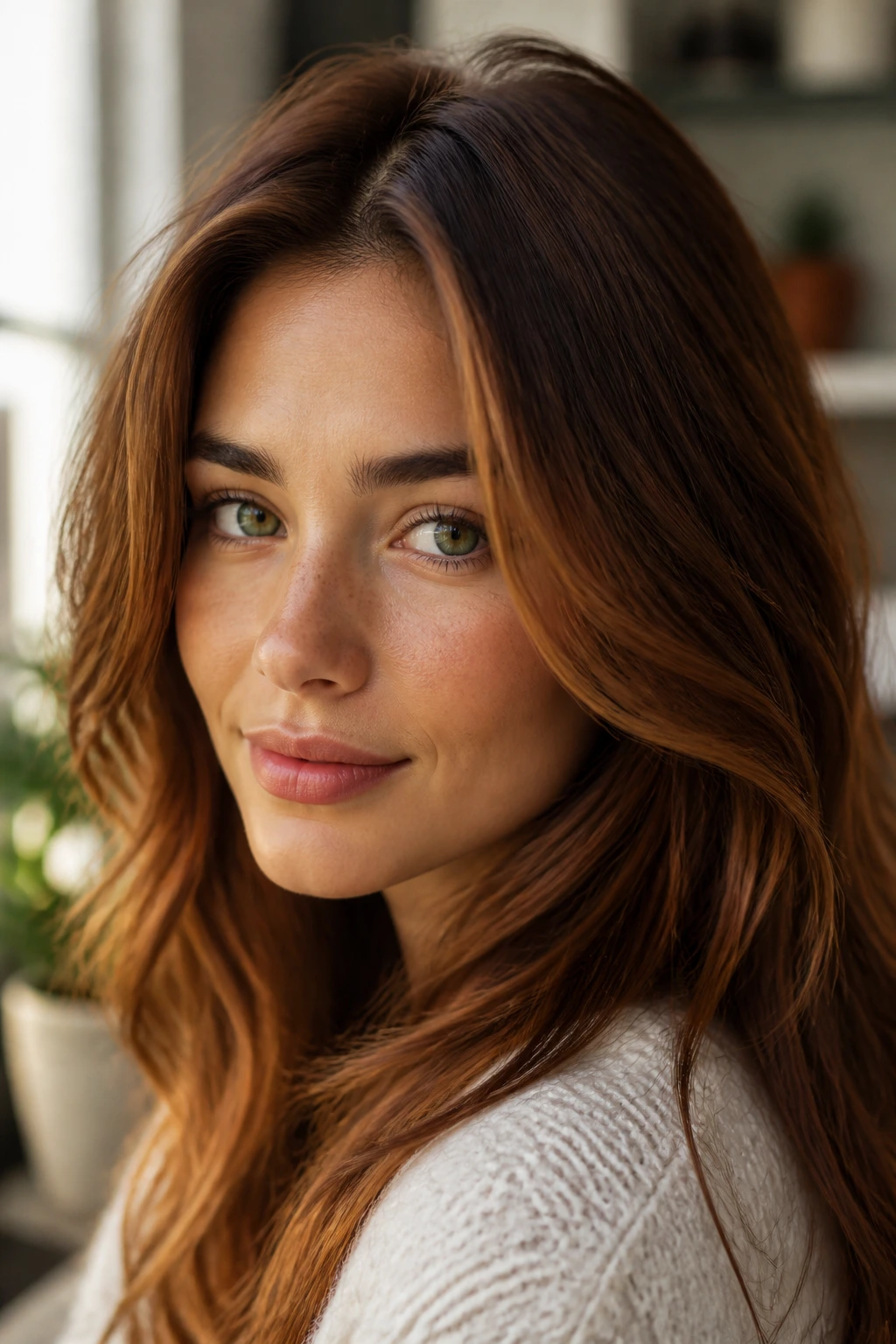 Close-up portrait of a woman with chestnut brown hair and green eyes
