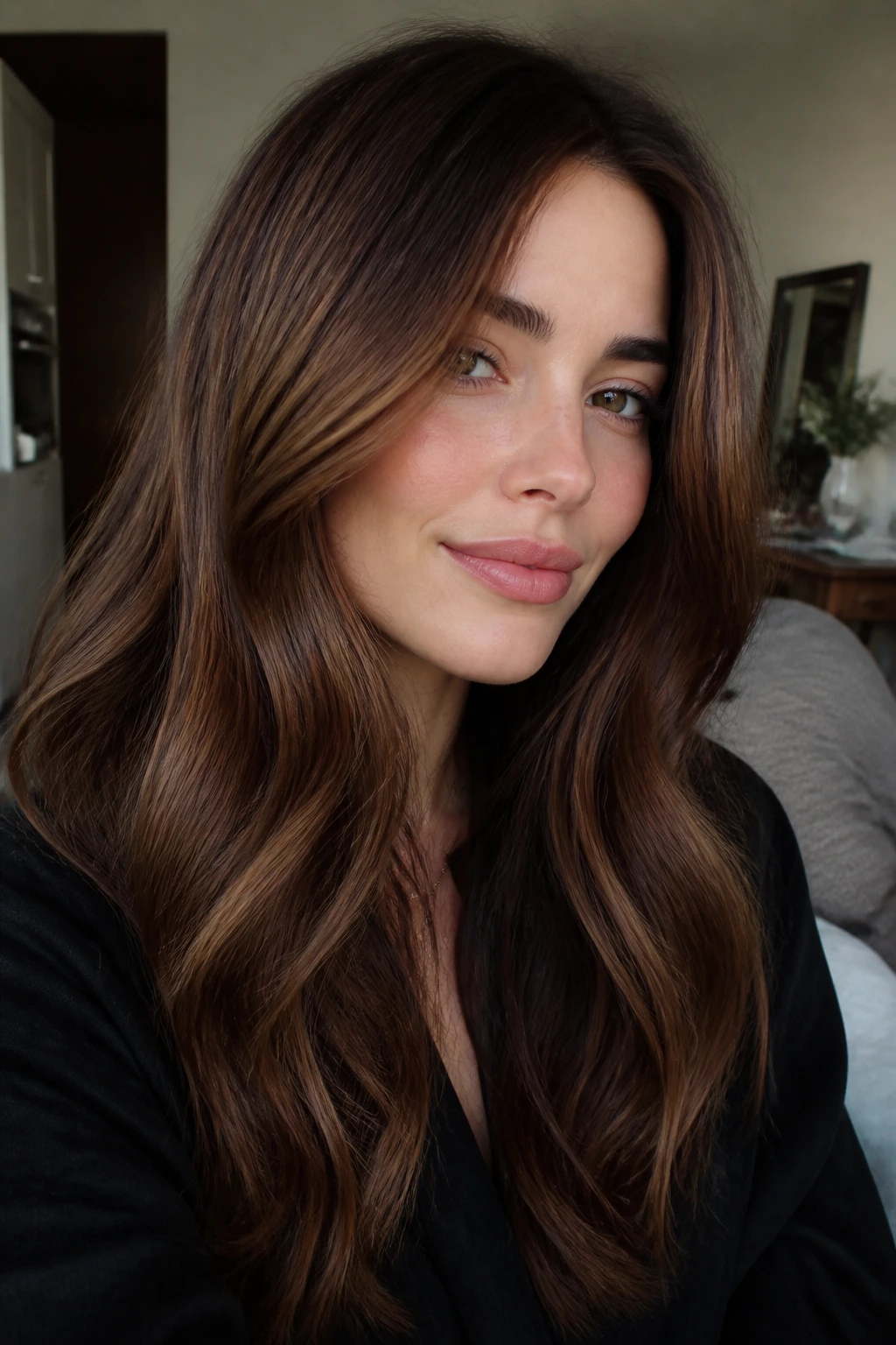 Real person with chestnut brown hair and smoked caramel lowlights in warm lighting