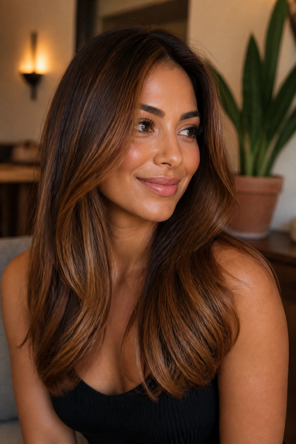 Close-up of a real woman with chestnut caramel gloss hair