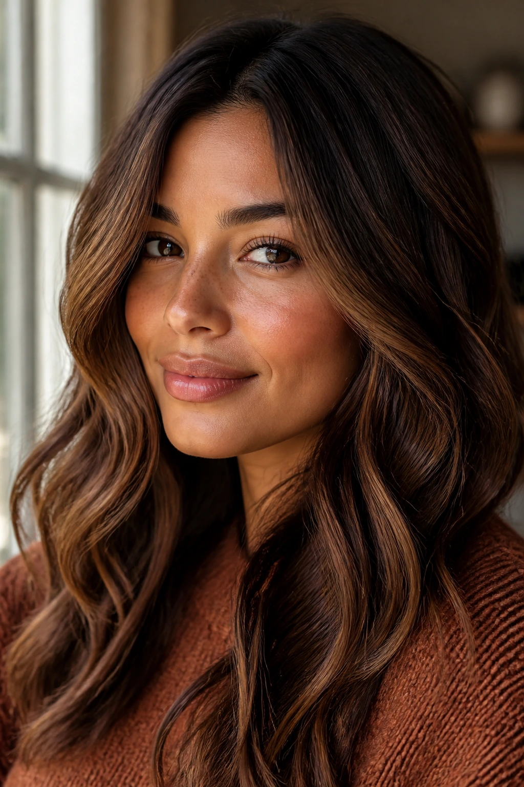Close-up of chestnut caramel hair on warm-toned skin